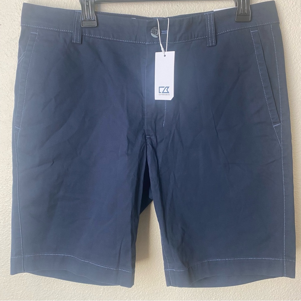 Cutter & Buck Voyager Shorts Men 34 Navy Blue Flat Front Golf Stretch Chino